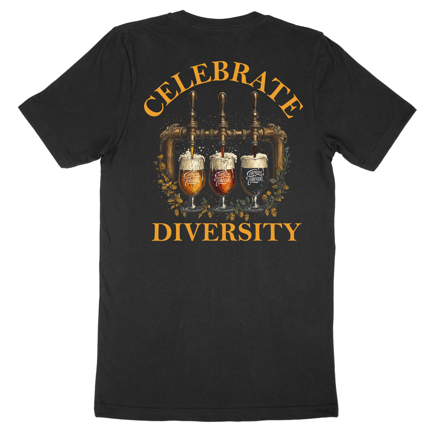 Black beer t-shirt with 'CELEBRATE DIVERSITY' text and images of three beer glasses representing different brews.