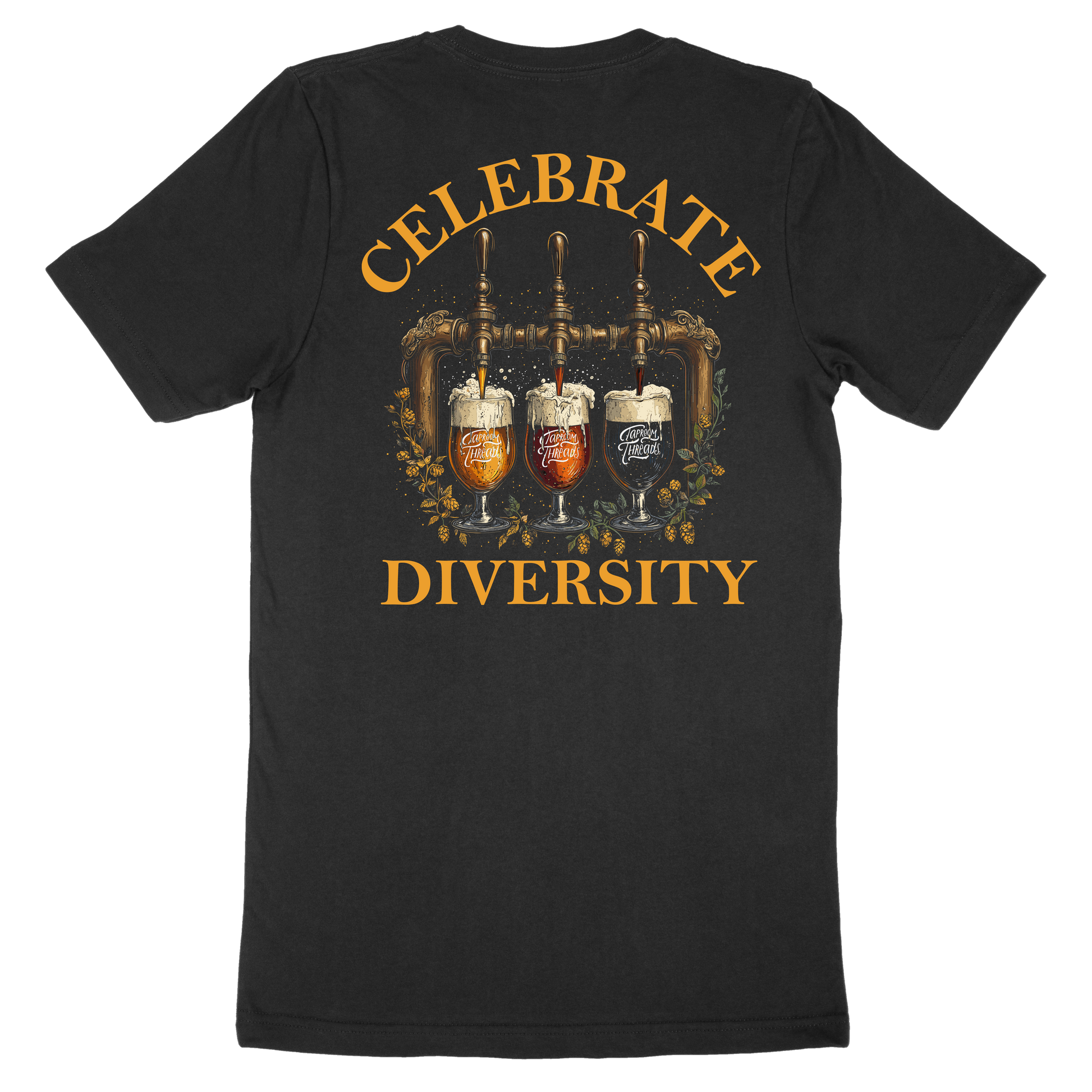 Black beer t-shirt with 'CELEBRATE DIVERSITY' text and images of three beer glasses representing different brews.