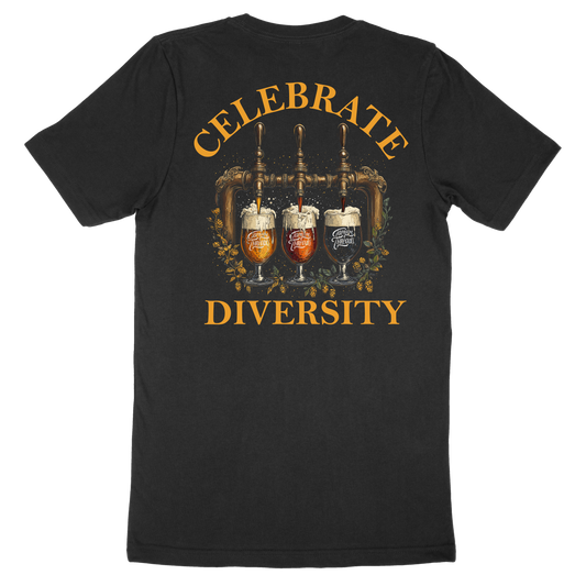 Black beer t-shirt with 'CELEBRATE DIVERSITY' text and images of three beer glasses representing different brews.