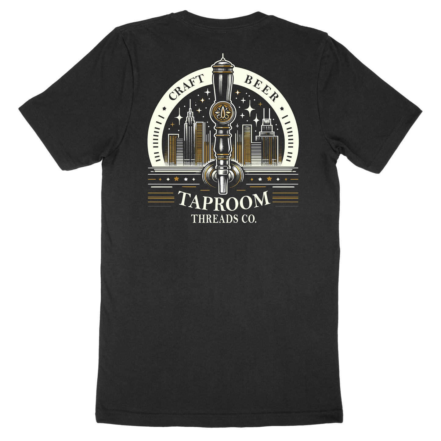 A black crew neck t-shirt with a graphic print of a beer tap and the text 'Craft Beer', 'Taproom Threads Co.', and a city skyline.