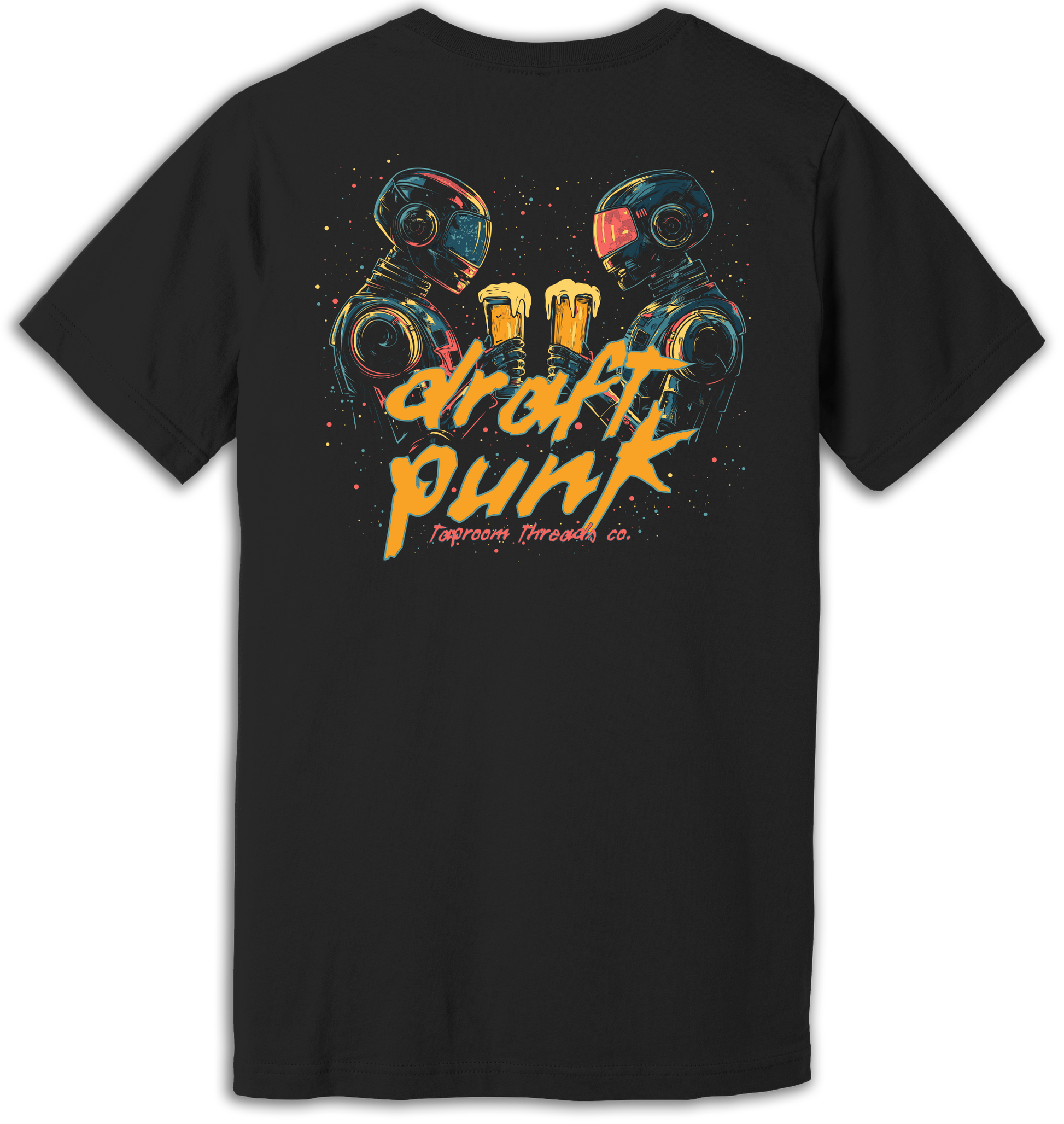 Black t-shirt with a graphic print of two cartoon characters resembling musicians and text that reads 'DRAFT PUNK'.