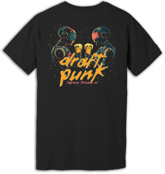 Black t-shirt with a graphic print of two cartoon characters resembling musicians and text that reads 'DRAFT PUNK'.
